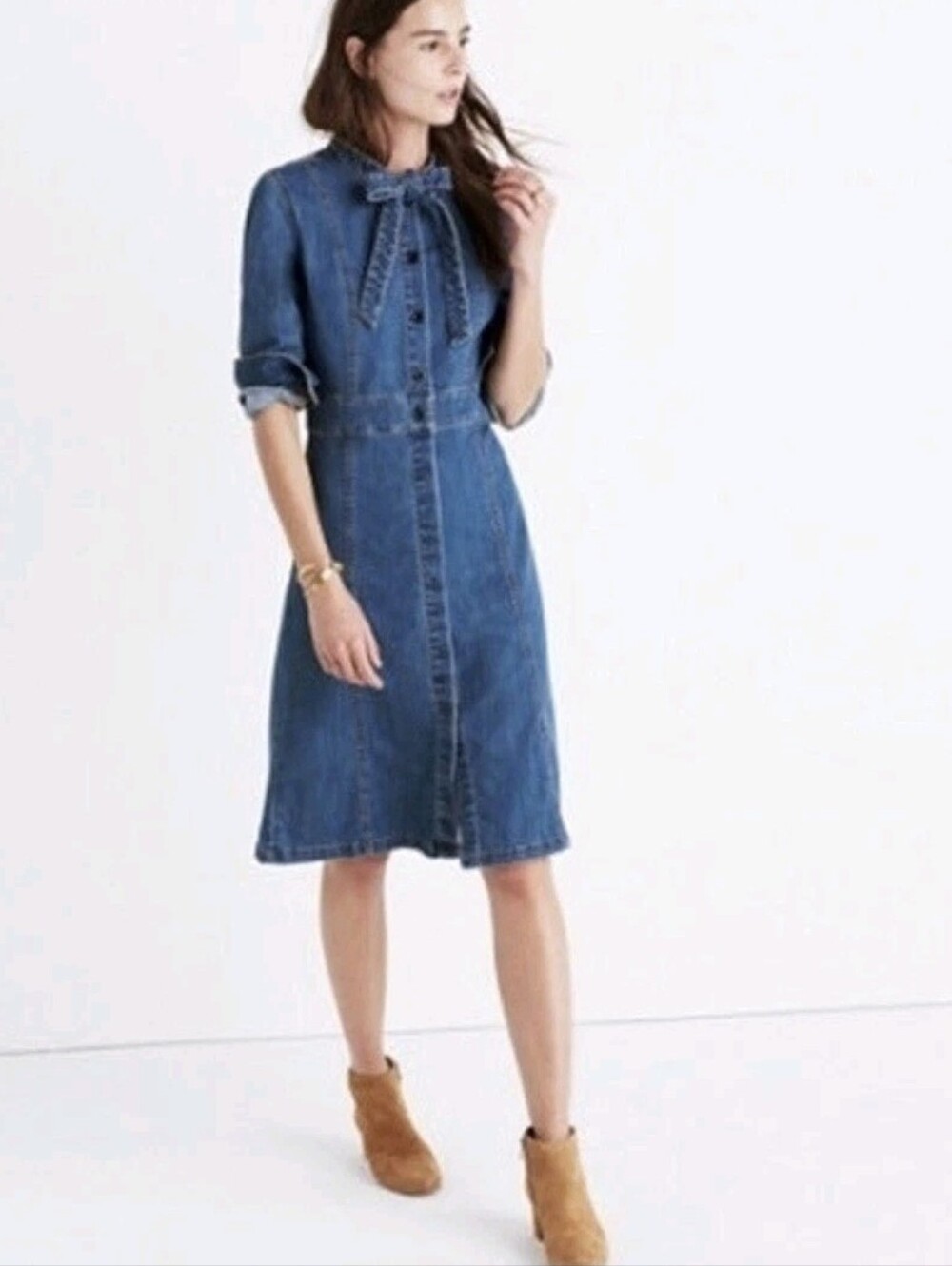 Madewell Blue Denim Bow-Tie Button-Front Midi Dress Size 8